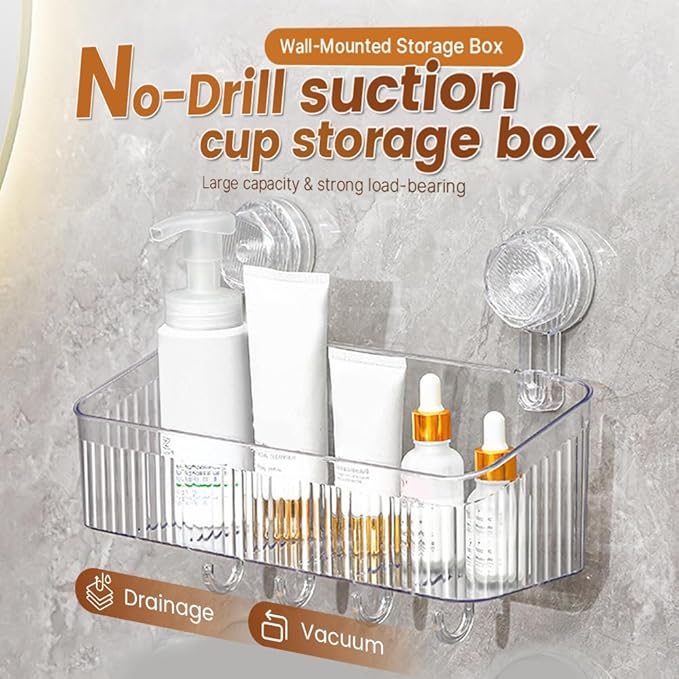 No-Drill Bathroom Suction Storage Box, Corrugated Suction Cup Wall Organizer, Removable Hanging Storage Basket with Strong Hold, Acrylic Shower Caddy for Bathroom (Grey S)