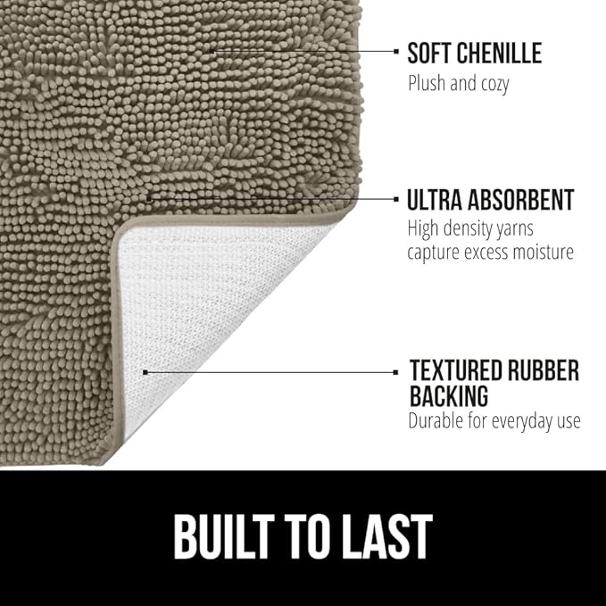 GORILLA GRIP Bath Rug Mat 44x26, Thick Soft Absorbent Chenille, Quick Dry Microfiber Mats, Rubber Backing Washable Shower Floor Rugs, Bathmat Runner, US Designed Bathroom Home Decor Accessories Latte