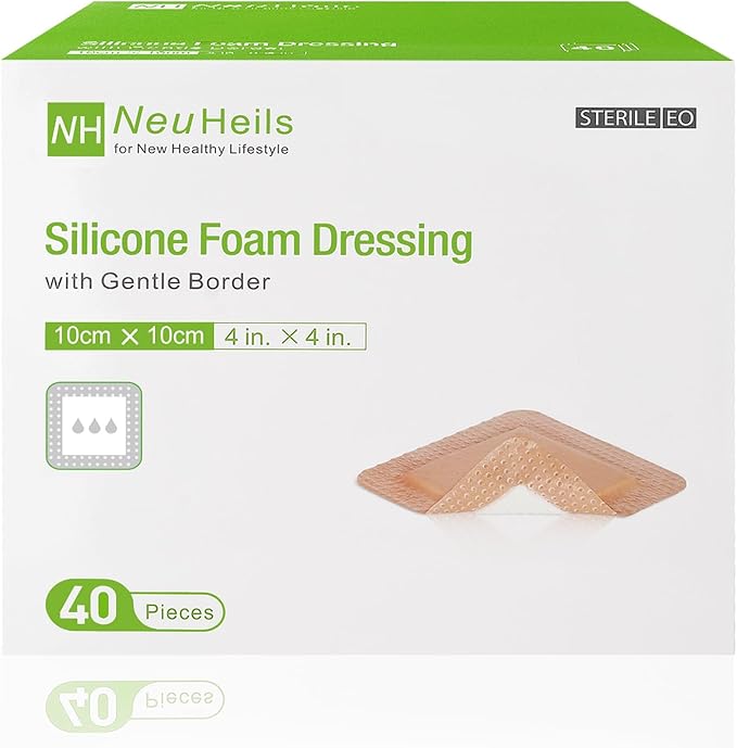 NeuHeils Silicone Foam Dressing with Gentle Border 4''x4'', 40 Pack - High Absorbency Waterproof Wound Bandage for Bed Sores, Leg Ulcers & Surgical Wounds