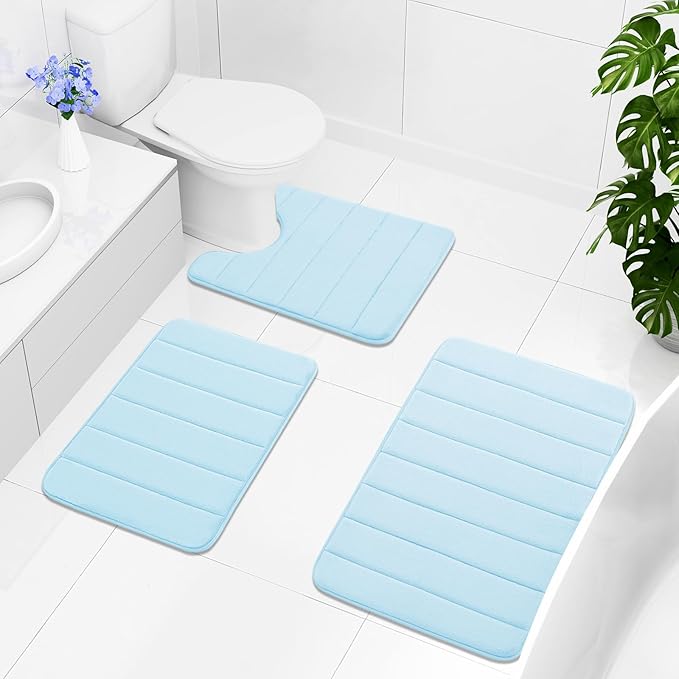 Buganda Memory Foam Bath Mat, 47" x 24", Ultra Soft and Non-Slip Bathroom Rugs, Water Absorbent and Machine Washable Bath Rug Runner for Bathroom, Shower, and Tub, Light Blue