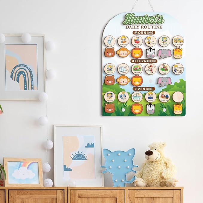 Wooden Daily Routine Chart for Todder, Visual Schedule Woodland Reward Chart, Daily Responsibilities Board for Kids, Personalized Chore Chart for Kids