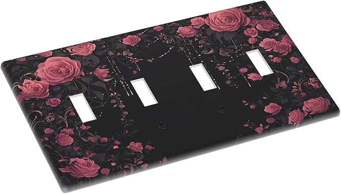 Light Switch Covers Dark Background Red Rose Leaf Quad Toggle Electrical Faceplate 4 Gang Wall Plate Decorative Switch Plates for Bedroom living Room Decor