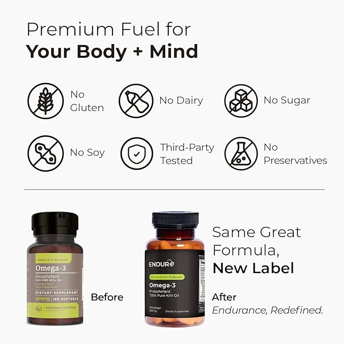 Endur Omega-3 Phospholipid (100% Pure Krill Oil), Heart Health Supplement, Formulated for Optimal Absorption, Gluten Free, 500mg (180 Softgels)