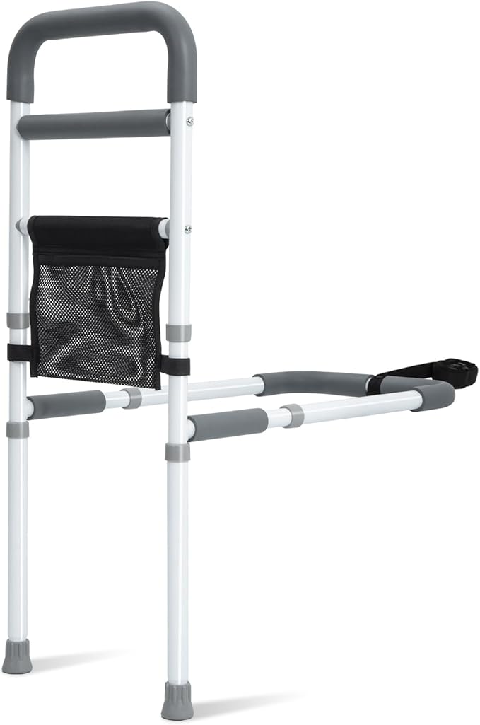 Bed Rails for Elderly Adults Safety - Adjustable Bed Assist Rail for Seniors Fall Prevention with Support Leg, Bedside Grab Bar Cane with Storage Pocket, Fits King, Queen, Full, Twin Bed