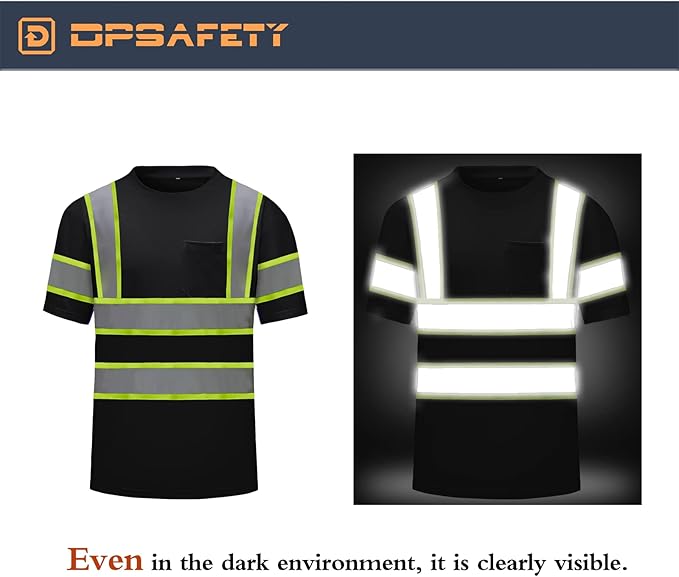 High Visibility Shirts Quick Dry Safety T Shirts with Reflective Strips and Pocket Short Sleeve Mesh Hi Vis Construction Work Class 2 Shirt for Men/Women Black,Small