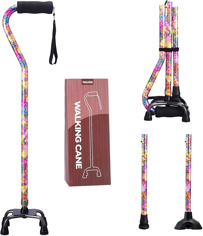 Walking Cane for Women & Men, Adjustable Quad Cane with 4-Prong Base for Stability and Balance, Folding Aluminum Walking Stick for Seniors