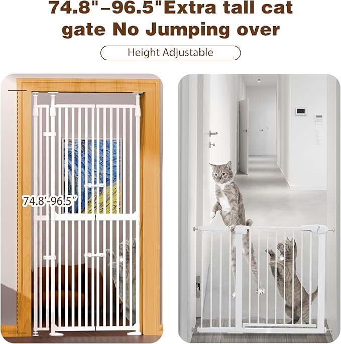 74.8"-90.5" Extra Tall Cat Gate for Doorway, Auto‑Close, No‑Drill Pressure‑Mount with 3 Support Pillars & Double‑Door, Fits 30.3–38.2″ Openings, 1.37″ Narrow Gap, Extension Kit Included, White