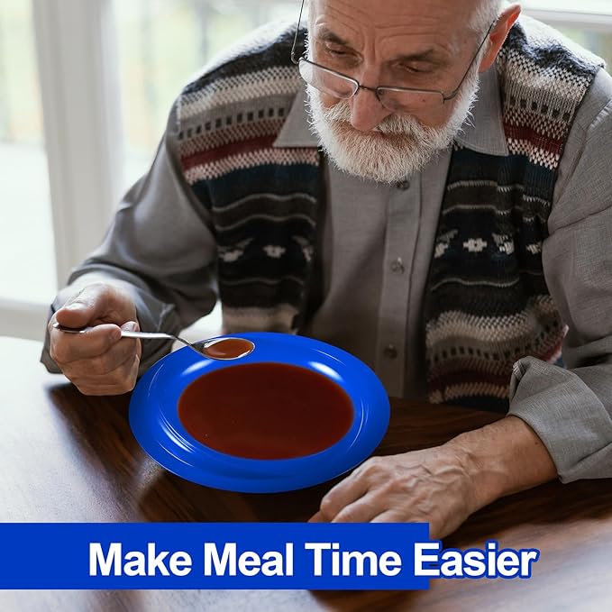 Hushee Adaptive Spill Proof Scoop Bowl and Plate Set with Suction Base Non Skid Self Feed Dinnerware for Elderly Disabled Handicapped from Parkinsons, Dementia, Stroke, Tremor(3 Sets,Blue)