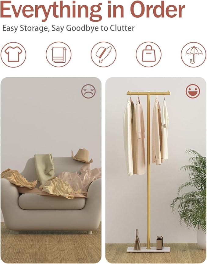T-shaped Coat Rack Freestanding, Modern Clothes Rack with Rock Slab Base, Heavy-duty Metal Coat Tree for Boutiques, Hallway, Entryway, 68.9 Inches High, Golden Yellow, GYJ001WJ
