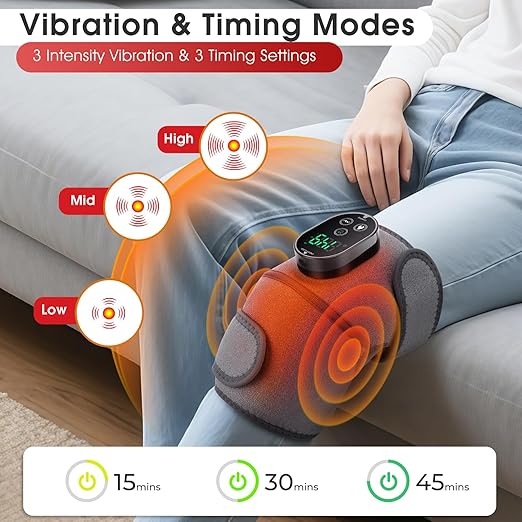 Cordless Heated Knee Massager with Vibration, Heated Knee Brace Wrap Heating Shoulder Brace Support Wrap for Knee Shoulder Elbow, Heating Pad with 6 Heating Levels, 3 Massage Modes & Timer (Grey)
