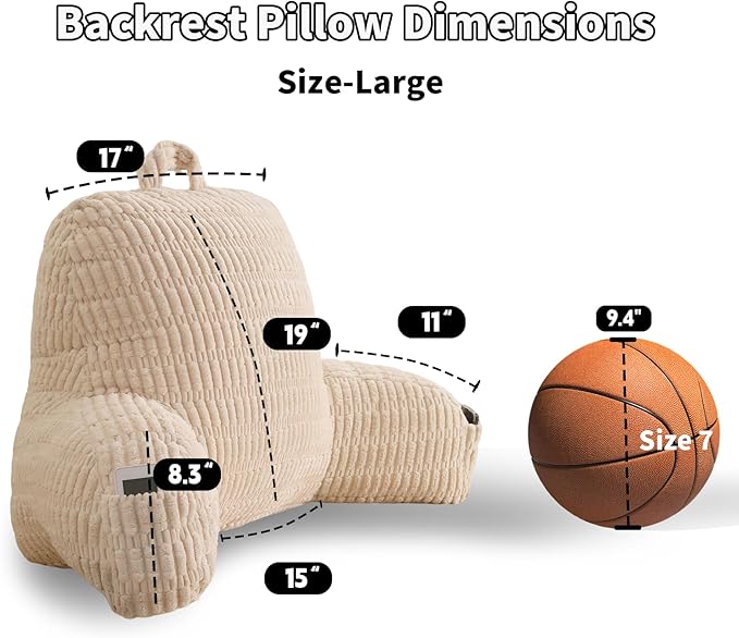 Reading Pillow for Sitting in Bed, Large Backrest Reading Pillow with Arm Rest,Back-Rest Support Cushion for Sit Up on Couch, Sofa, and Floor, Dorm Essentials (Cream Corduroy, Large(19"))
