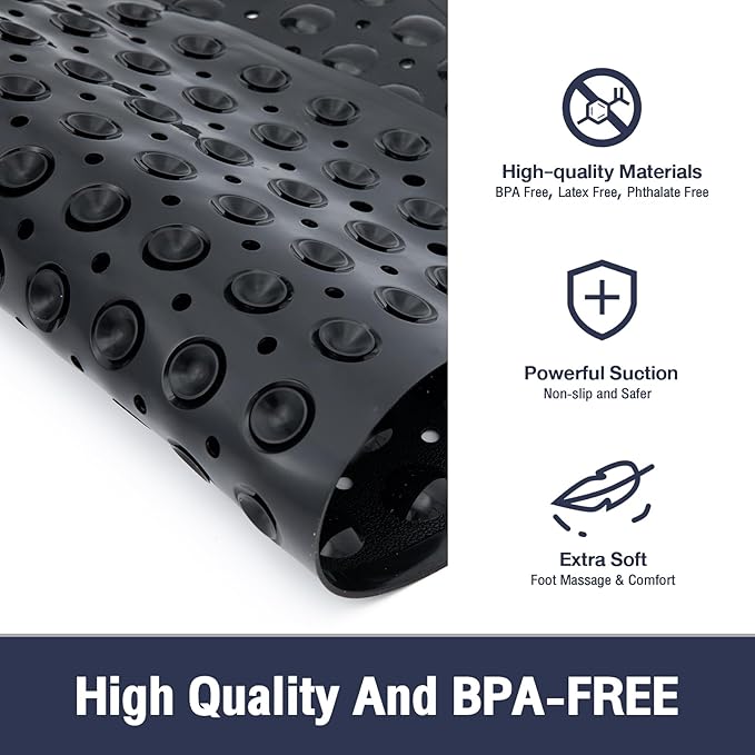 Black Square Shower Bathtub Mat Non Slip 21x21 Inch, Soft Bath Mat for Inside Shower Tub, Shower Stall Mats for Bathroom Floor, Big Suction Cups Drain Holes, Easy Washable and Dry, BPA-Free