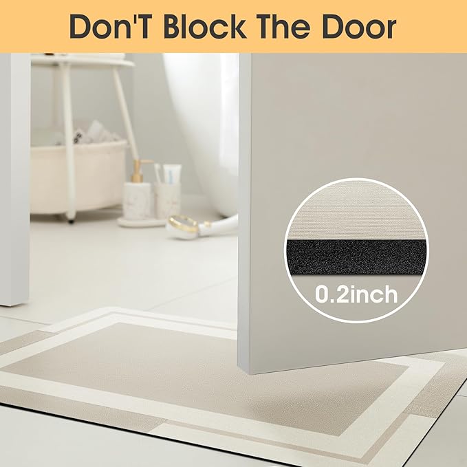 Ultra Thin Bath Mat, Upgrade Backing Non Slip Thin Bath Mats Fit Under Door, Quick Dry Ultra Absorbent Bathroom Rugs, Machine Washable Bath Rugs for Bathroom, Bathtub, Light Beige/Bordered/24"x17"