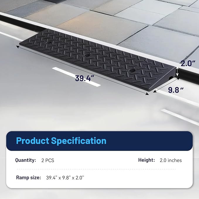 2 Pack Driveway Curb Ramp, 2 Inch Rise Rubber Threshold Ramp, Heavy Duty 6600LB Capacity for Lawn Mower, Wheelchair, Motorcycle, Cars, Sidewalk & Shed