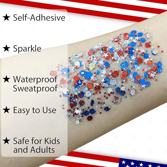Mysense Red White and Blue Body Glitter Gel,USA Flag Face Hair Glitter for 4th of July Outfits for Women,Patriotic Fourth of July Accessories for Independence Day Memorial Day Veterans Day