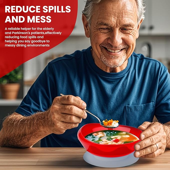 2Pack Spill Proof Scoop Bowl with Non-Skid Suction Base, Adaptive Self-Feeding Dinnerware for Elderly and Disabled(Red)