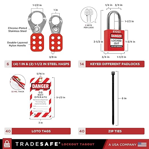TRADESAFE Lockout Tagout Station with Loto Devices - 14 Pack Safety Lock Set, 6 Hasps, 40 Do Not Operate Tags, Lock Out Tag Out Kit Board, Lockout Safety Supply for OSHA Compliance