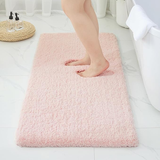 Bathroom Rugs 48x24, Ultra Thick Shaggy Soft Microfiber Absorbent Bath Rug, High Density Foam Latex Non Slip Backing, Machine Washable Bath Mats for Bathroom Floor & Sink, Pink
