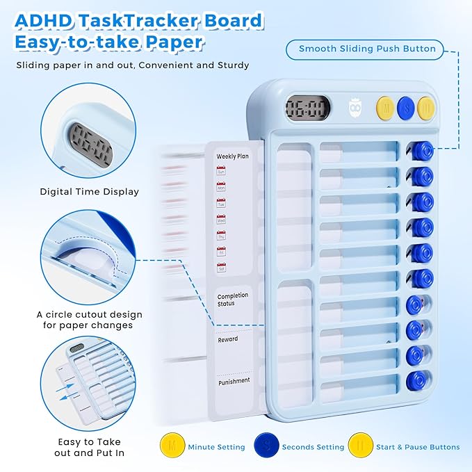 Magnetic Chore Chart for Kids with Timer, Visual Schedule for Kids, ADHD Tools for Kids to Do List, Checklist with 99-Min Countup/Countdown Chore Board with Sliders & Dry-Erase Sheets (Blue)
