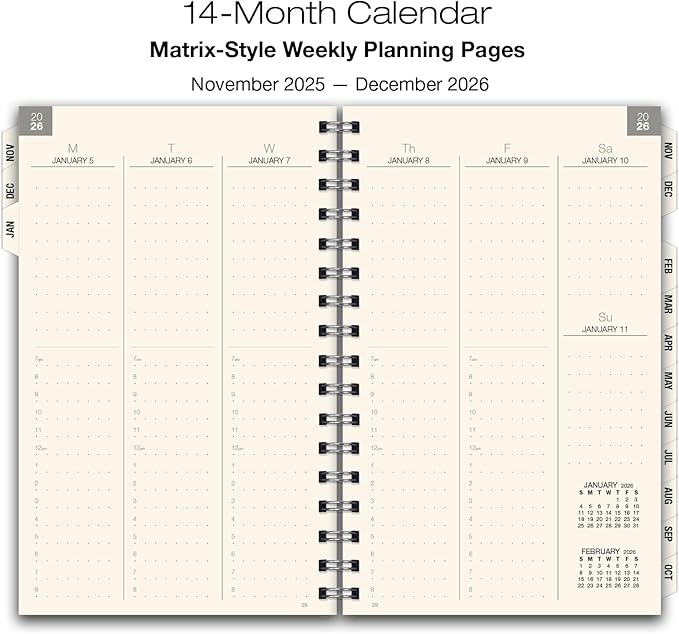 ESSENTIAL 2026 Monthly & Weekly Planner with Tabs, 5"x8": 14 Months (November 2025 - December 2026), Professional, Simple, Easy-to-Use Design and Frosted Poly Cover for Extra Protection (Frosted)