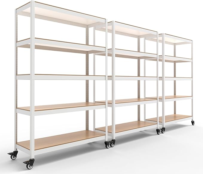 HOMEDANT House 5-Tier Metal Rolling Cart Shelf Rack Casters Heavy Duty Laminated Wheel Shelving Unit Adjustable Utility Storage Shelves Organizer Shelf Kitchen Garage (3, (L) 48.1" W, White)