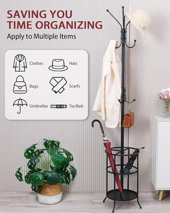 Metal Coat Rack Freestanding Coat Rack with Umbrella Stand, Black Coat Tree with 12 Hooks for Clothes Hats Bags, Modern Coat Hanger Stand for Entryway Living Room Bedroom Office Use