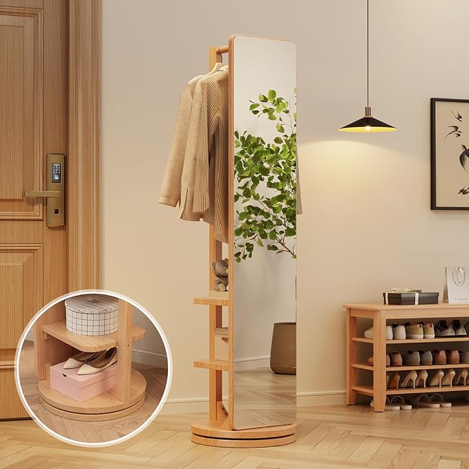 WoodsWhisper Full Length Mirror Coat Rack Solid Wood Floor Mirror 66"x12" Full Length Mirror with Stand Long Mirrors for Bedroom,Living Room