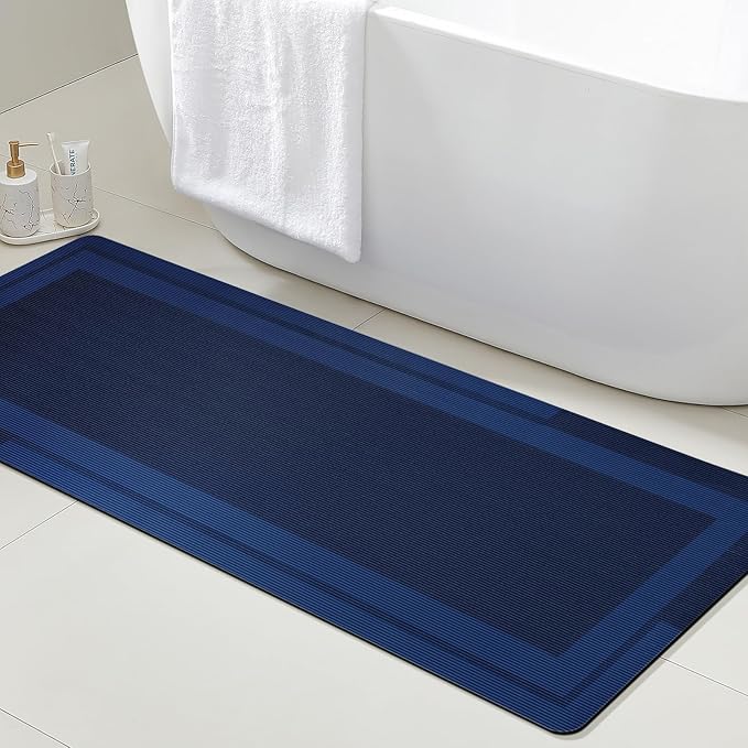 Ultra Thin Bath Mat, Upgrade Backing Non Slip Thin Bath Mats Fit Under Door, Quick Dry Ultra Absorbent Bathroom Rugs, Machine Washable Bath Rugs for Bathroom, Bathtub, Dark Blue/Bordered/59"x20"