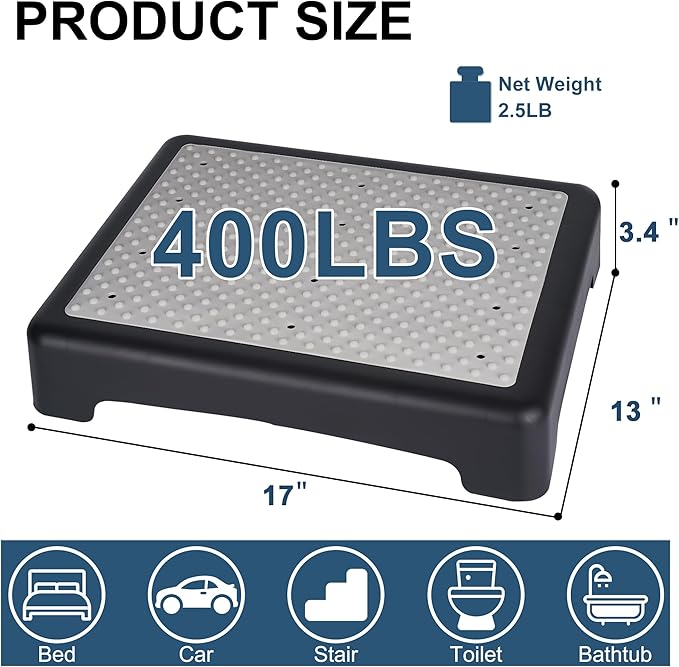 Non Slip One Step Stool for Seniors, Adults, Indoor/Outdoor Portable Stair Assist, Mobility Step Stool for Bedside, Car, Kitchen, Bathroom, Grey