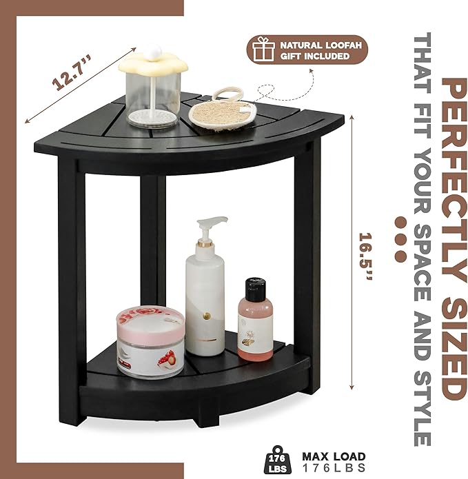 Acacia Wood Corner Shower Stool - Waterproof Triangular Bathroom Bench with Storage Shelf & Soap Dish for Shaving, Black Wood (17.9x12.7x16.5)