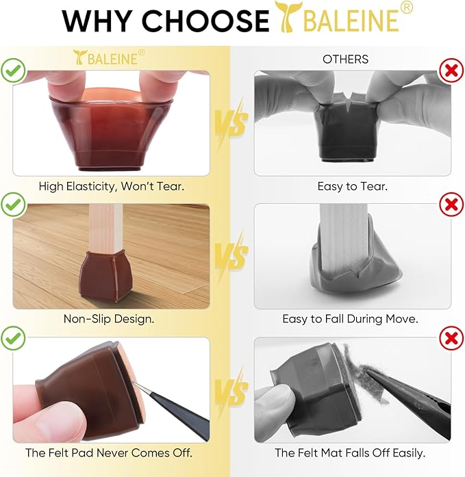 BALEINE 32 Pack Silicone Chair Leg Floor Protectors, Stool Leg Protectors Cap, Non-Slip Chair Leg Caps for Hardwood Floors (Brown & Large (Square), 32 Pack)