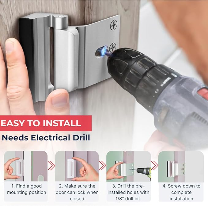Door Reinforcement Lock - Home Security Child Proof Door Lock withstands 800 lbs, for Inward Swinging Doors, Door Locks for Kids Safety, Prevents Unauthorized Entry, Home Defense, 1-Pack