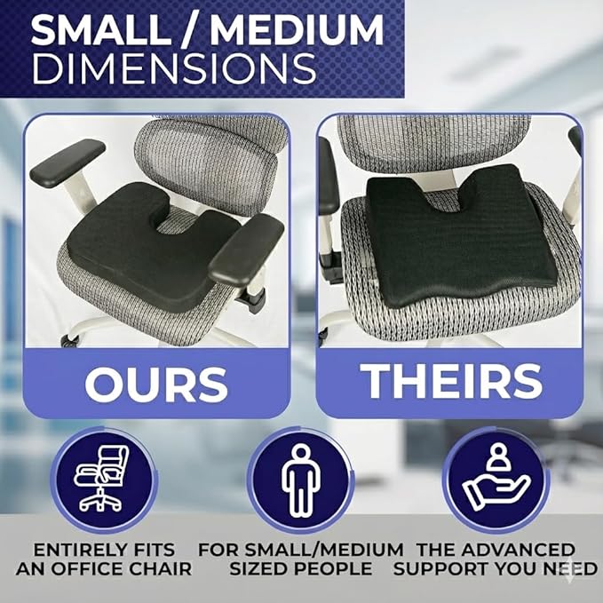 YogiBum Patented Cushion | Extra Large Tailbone Gap | Small Size for 100 lbs to 190 lbs | Relief for LowBack, Tailbone, Sciatica, Hemorrhoids | Snug Fit on Office/Computer Chairs