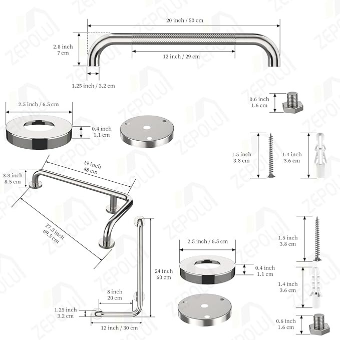 Polished Chrome L-Shaped Grab Bar 12x24 Inch + Knurled Shower Grab Rail 20 Inch, Zepolu Stainless Steel Toilet Safety Bar 90 Degree, Angled Balance Support Assist Bar, Bathroom Mobility Aid Handrail