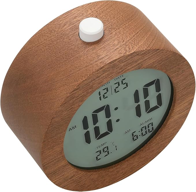 Plumeet Wooden Digital Alarm Clock for Bedrooms, Wood 4'' Battery Powered Alarm Clock with Snooze and Nightlight, Electronic LCD Desk Clock Display Time, Date, Temp, 12/24H, Wood Décor, Round, Sapele