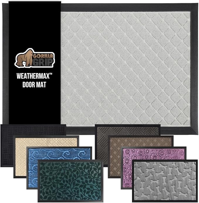 GORILLA GRIP 100% Waterproof All-Season WeatherMax Doormat US Designed Natural Rubber, Stain and Fade Resistant, Low Profile Indoor Outdoor Door Mats, Easy Clean Patio Mat, 17x29, Light Gray