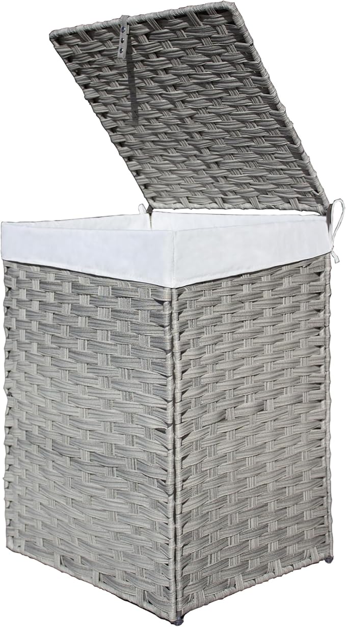 90L Foldable Outdoor Wicker Storage Basket with Lid - Patio Storage Hamper with Removable,Machine Washable 2-Compartment Liner & Handles for Clothes,Pillows,Bedding(Gray)