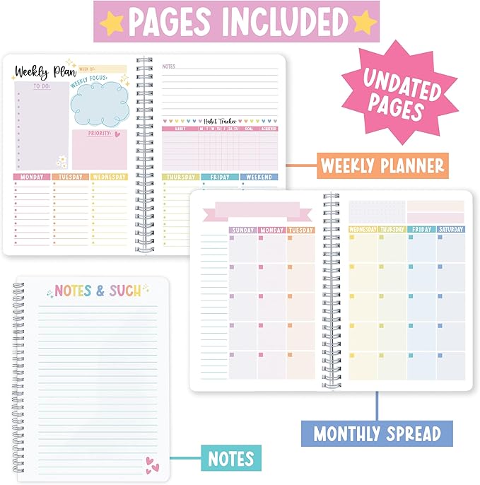 Undated Planner Weekly and Monthly - Spiral Undated Weekly Planner for Kids & Adults, Week Planners Habit Tracker, Goal Planners Notebook for Work, Agenda Planning Notebook