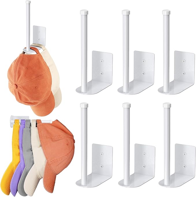 6 Pack Hat Racks for Baseball Caps, Stainless Steel Hat Organizer for Baseball Cap, Hat Holder Storage Organizer, Hat Hanger Strong Adhesive/Wall Drilled for Door, Bedroom, Closet(White 6 in)