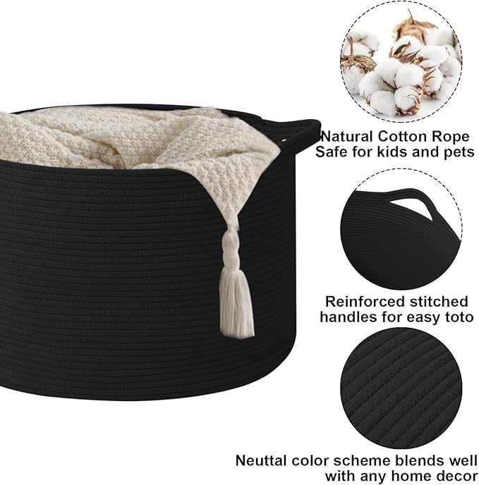 Large Storage Basket with Handle,23.6" x 23.6" x 15.7" Blanket Basket Storage Bins for Organizing,65L Cotton Rope Woven Baskets for Living Room, Nursery,Bedroom,Black