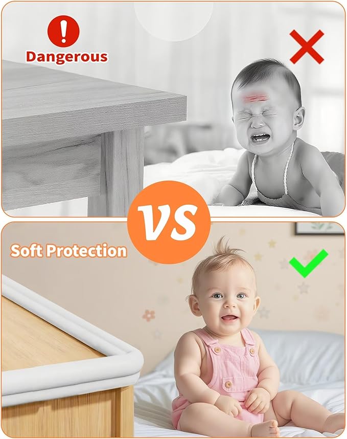 Edge Protector for Baby Proofing, 6.6FT 0.67’’Th L-Shape Air Buffering Soft NBR Rubber Foam Furniture Edge Bumper Guards with 6 Corners, Pre-Taped, Thick Table Bumper Guard for Babies (White-gray)