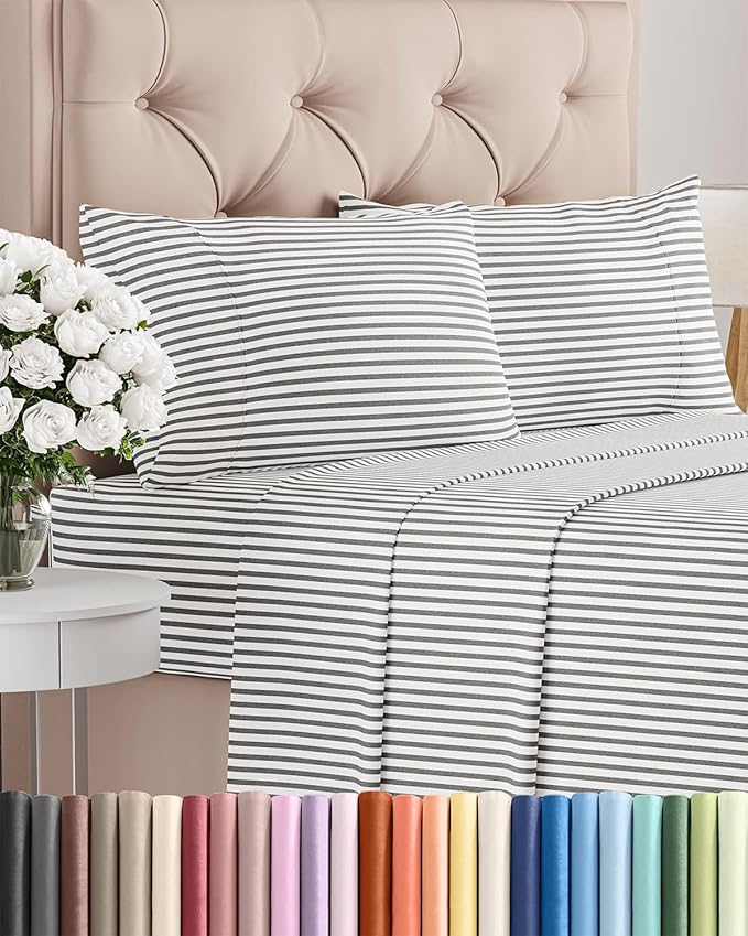 Twin XL 4 Piece Sheet Set - Cooling and Breathable Bed Sheets - Hotel Luxury Bed Sheets for Women, Men, Kids and Teens - Deep Pockets - Easy Fit - Soft and Wrinkle Free - Twin XL Grey Stripes Sheets