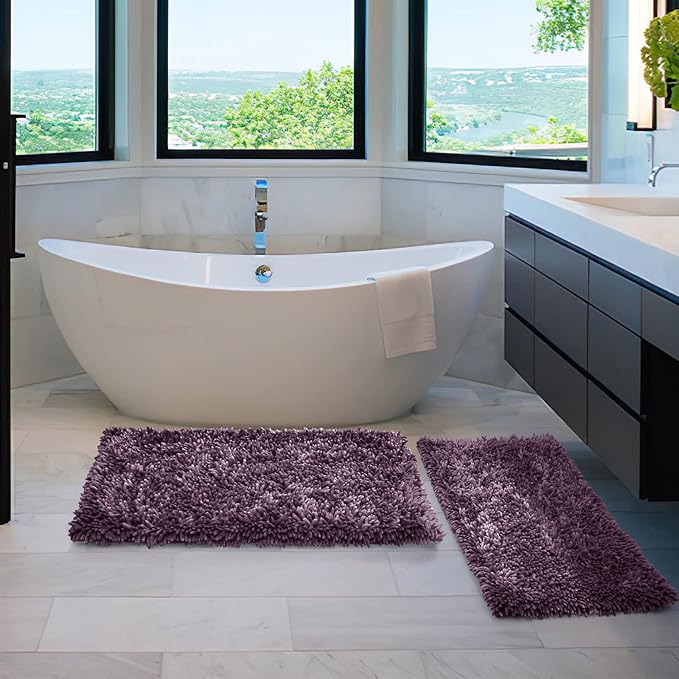 Yimobra Bathroom Rug Set 2 Piece, Luxury Shaggy Bath Mat Set with Non Slip Backing, Ultra Soft & Absorbent Mats for Bathroom Floor, Machine Washable, 44"x24"+24"x17", Dark Purple