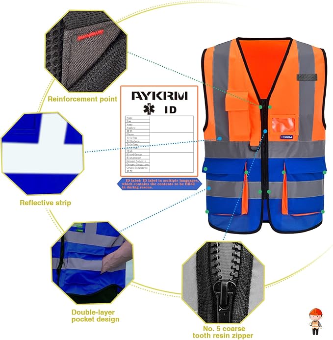 Orange Blue 6XL 7XL 8XL High Visibility REFLECTIVE Safety Vest with zipper Reflective Strips 7 Pockets