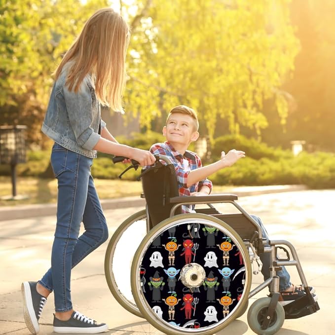 Designer Halloween Spooky Ghost Cover for Wheelchair Wheels, Enhances Aesthetics, Easy Install/Remove, Lightweight, for Boys and Adults (Happy Halloween)