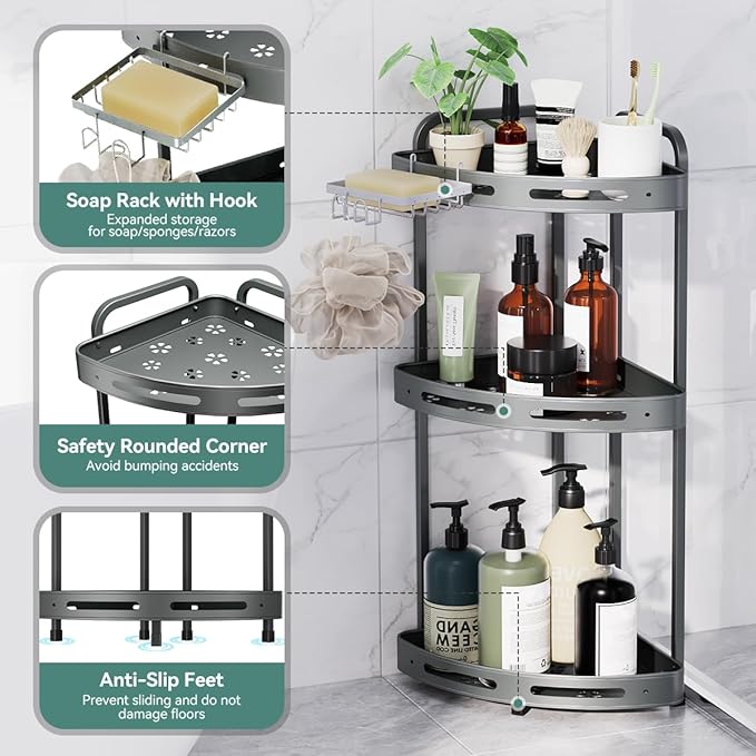 Corner Shower Caddy Standing, 3 Tier Shower Organizer Stand with Soap Holder, Rustproof Shower Shelves for Bathroom Storage, Grey