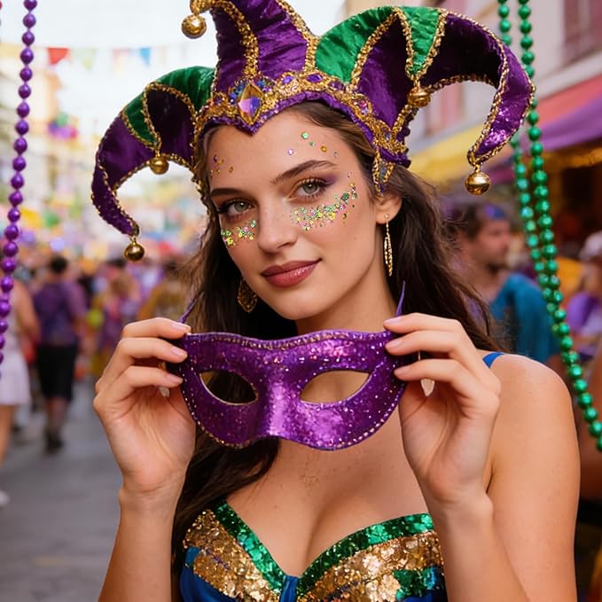 Mysense Mardi Gras Face Hair Body Glitter Stick,Mardi Gras Outfit for Women,Purple Green Gold Glitter Makeup,Festival Party Rave Accessories Sparkling Chunky Glitter