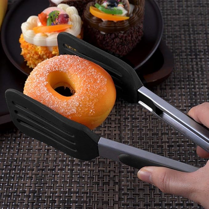 2 Pack Stainless Steel Silicone Cooking & Serving Tongs, 7 & 9 Inch, Black, Locking Handle, Heat Resistant, Dishwasher Safe