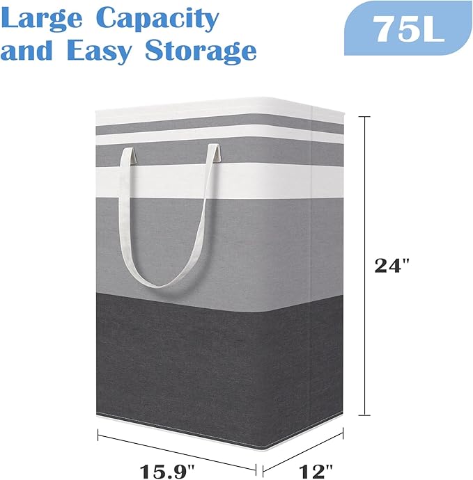 BlissTotes 3-Pack Laundry Basket, Freestanding＆Waterproof Laundry Hamper, Collapsible Tall Clothes Hamper with Easy Carry Handles for Clothes, Towels in the Family and Dorm,Gradient Grey,75L