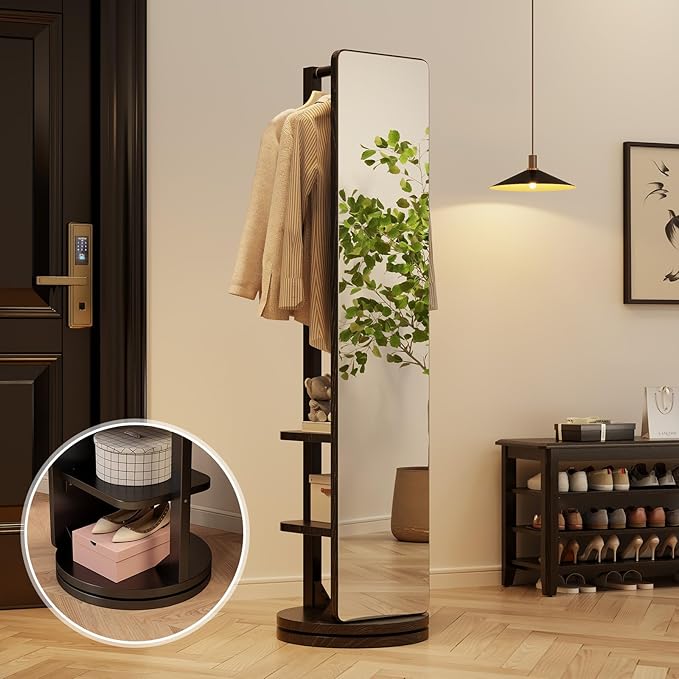 WoodsWhisper Full Length Mirror Coat Rack Solid Wood Floor Mirror 66"x12" Full Length Mirror with Stand Long Mirrors for Bedroom,Living Room